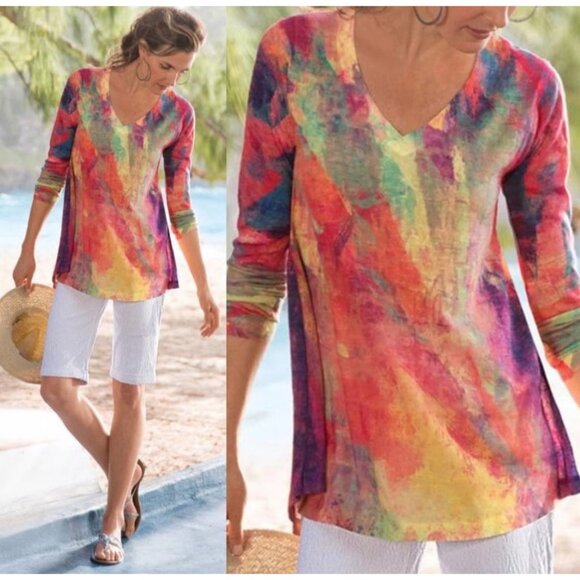 Soft Surroundings Multicolor Abstract Print V-Neck Tunic Sweater Artsy Top M - Picture 1 of 9